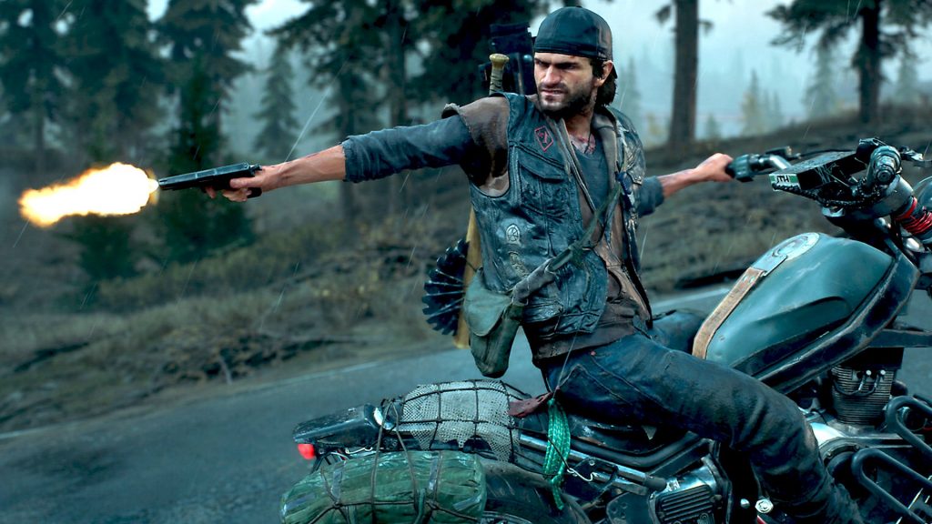 An image of Deacon shooting while driving away from Freaks in Days Gone.