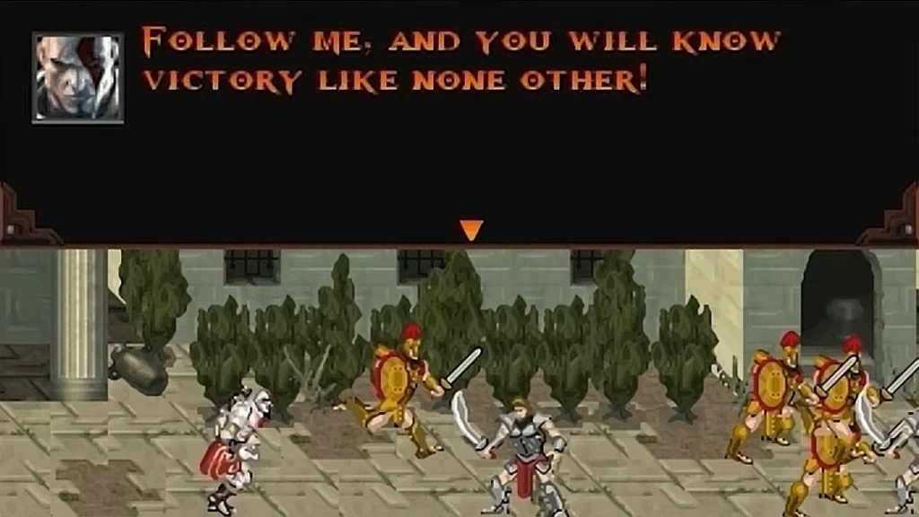 A screenshot from God of War: Betrayal featuring Kratos leading his men.
