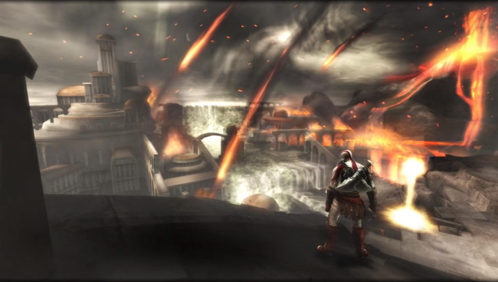 An image of Kratos staring at destruction in God of War: Ghost of Sparta.