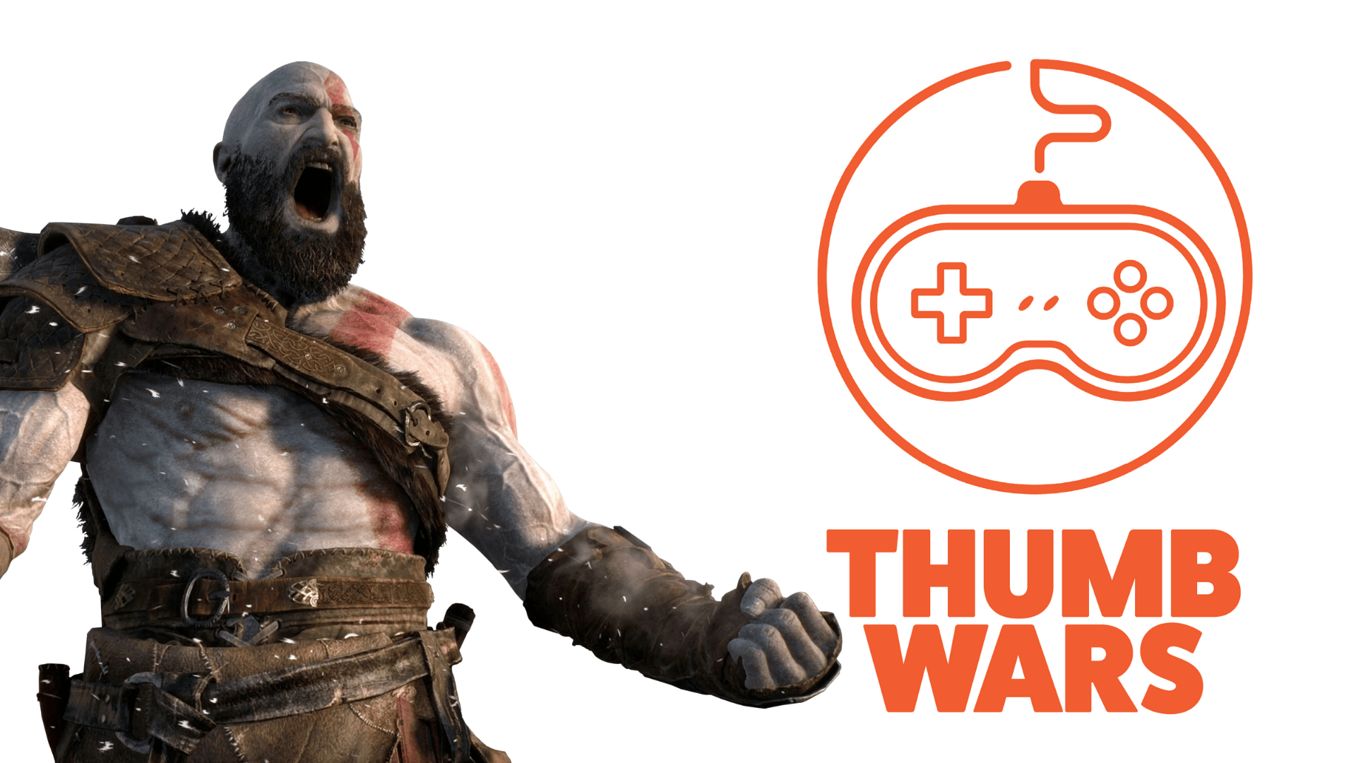 kratos screaming with the thumb wars logo nearby