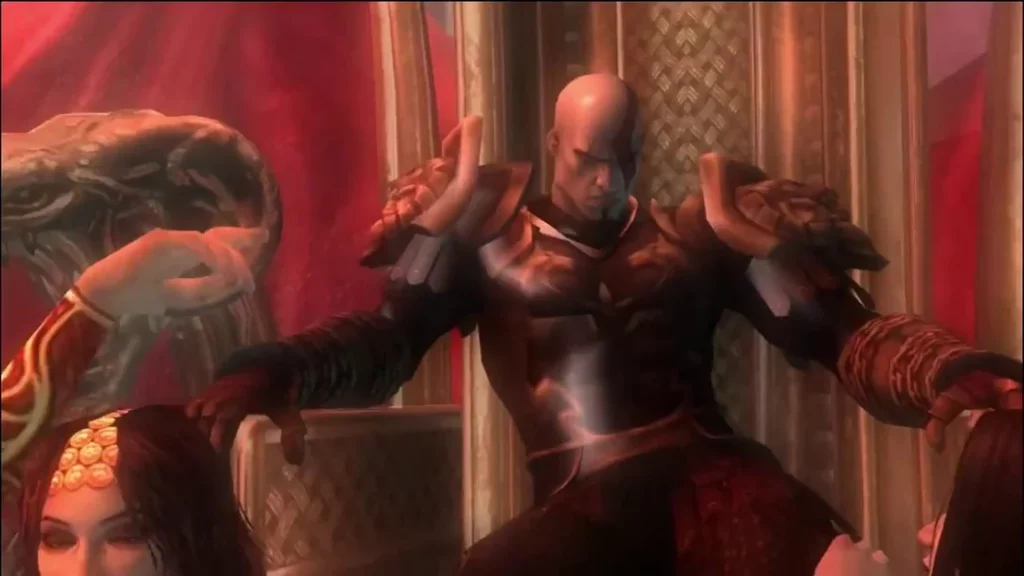 An image of Kratos sitting on his throne in God of War 2, a time where the God of War timeline was simpler.