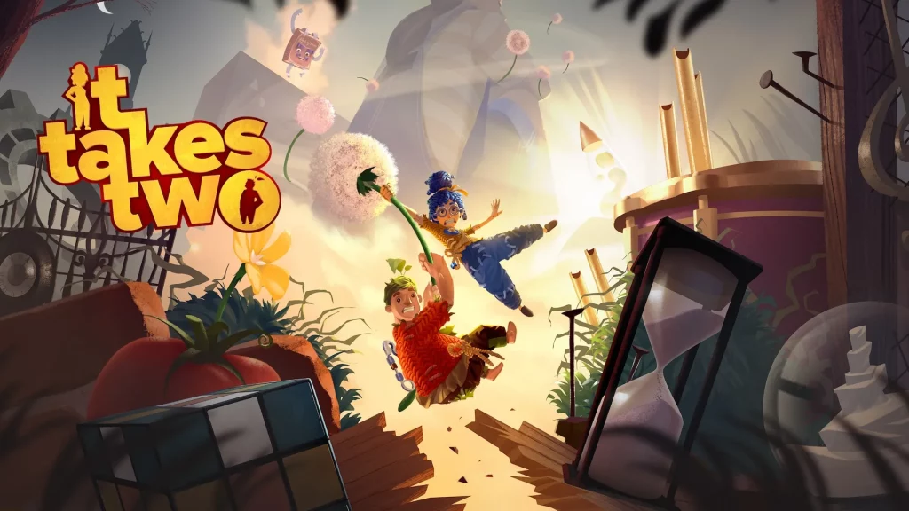 Official key art of It Takes Two featuring Cody and May clinging on to dear life.