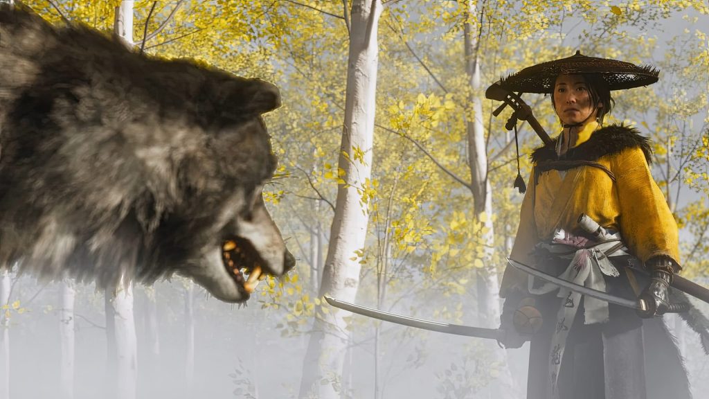 Atsu staring down a wolf in Ghost of Yotei trailer.