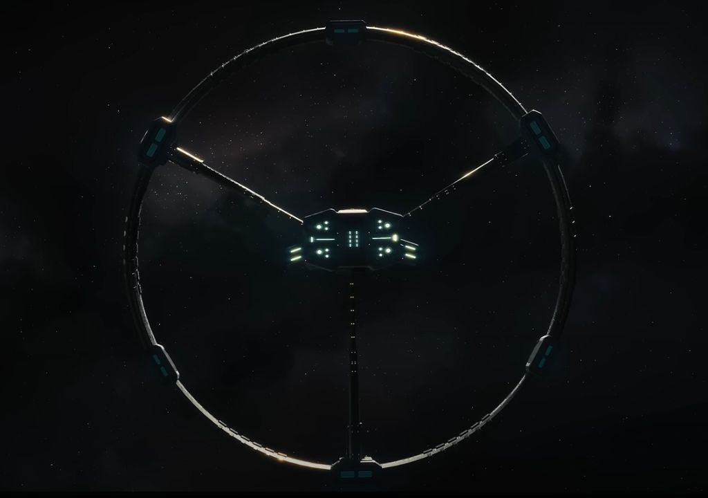 A circular spaceship from Directive 8020 with the structure in between making it look like a peace symbol.