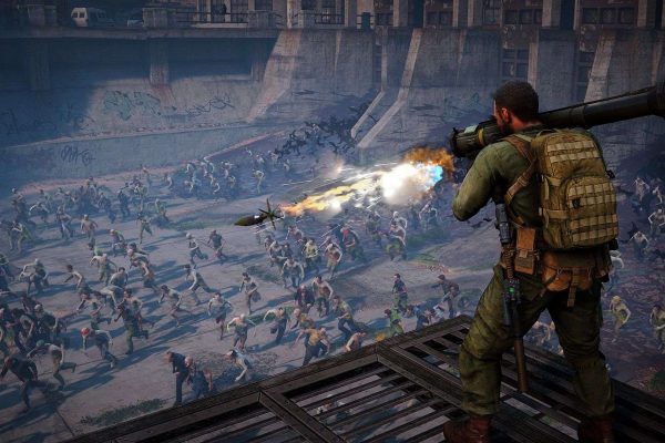 world war z guy with rocket launcher shooting at zombies