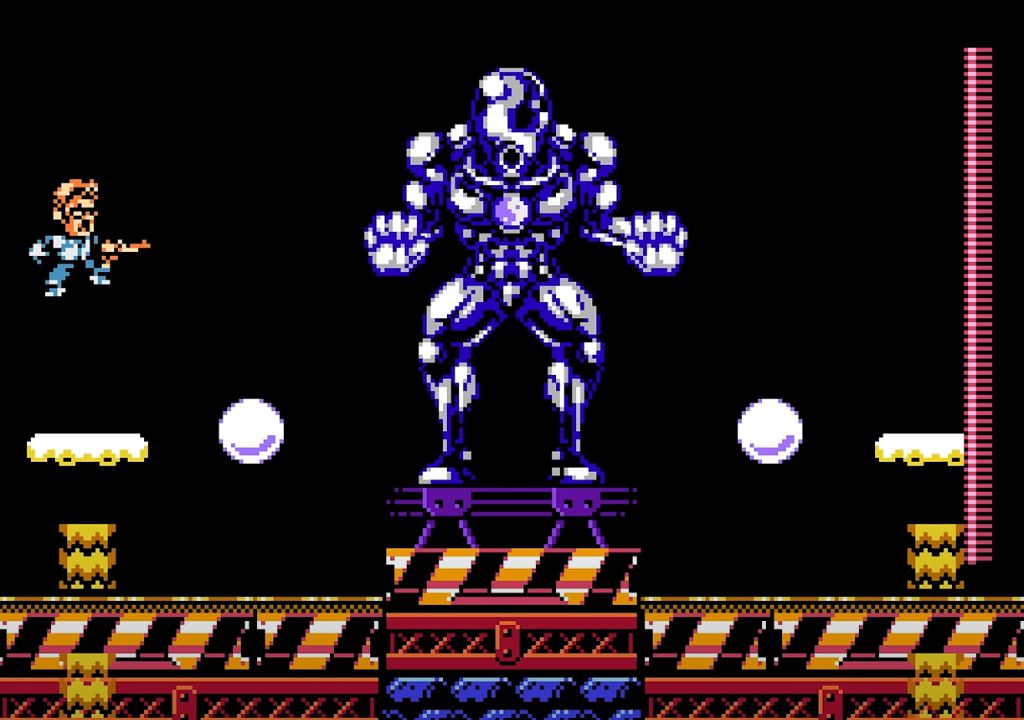 A pixelated hero with a gun is up against a giant pixelated boss