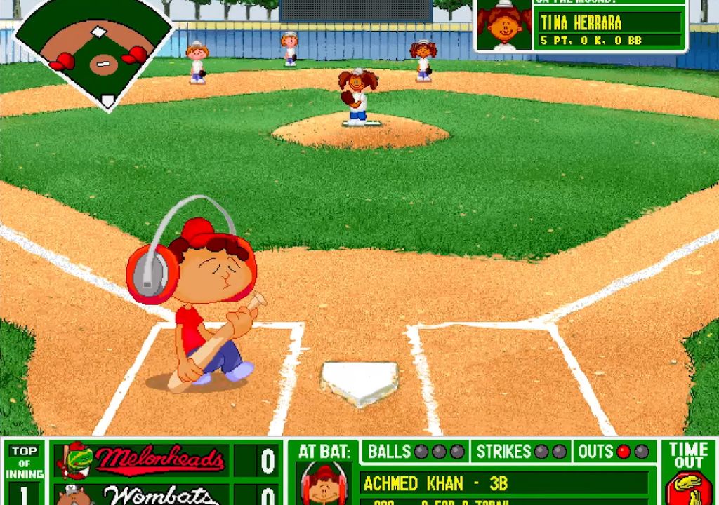 An animated boy listening music and walking on a baseball field