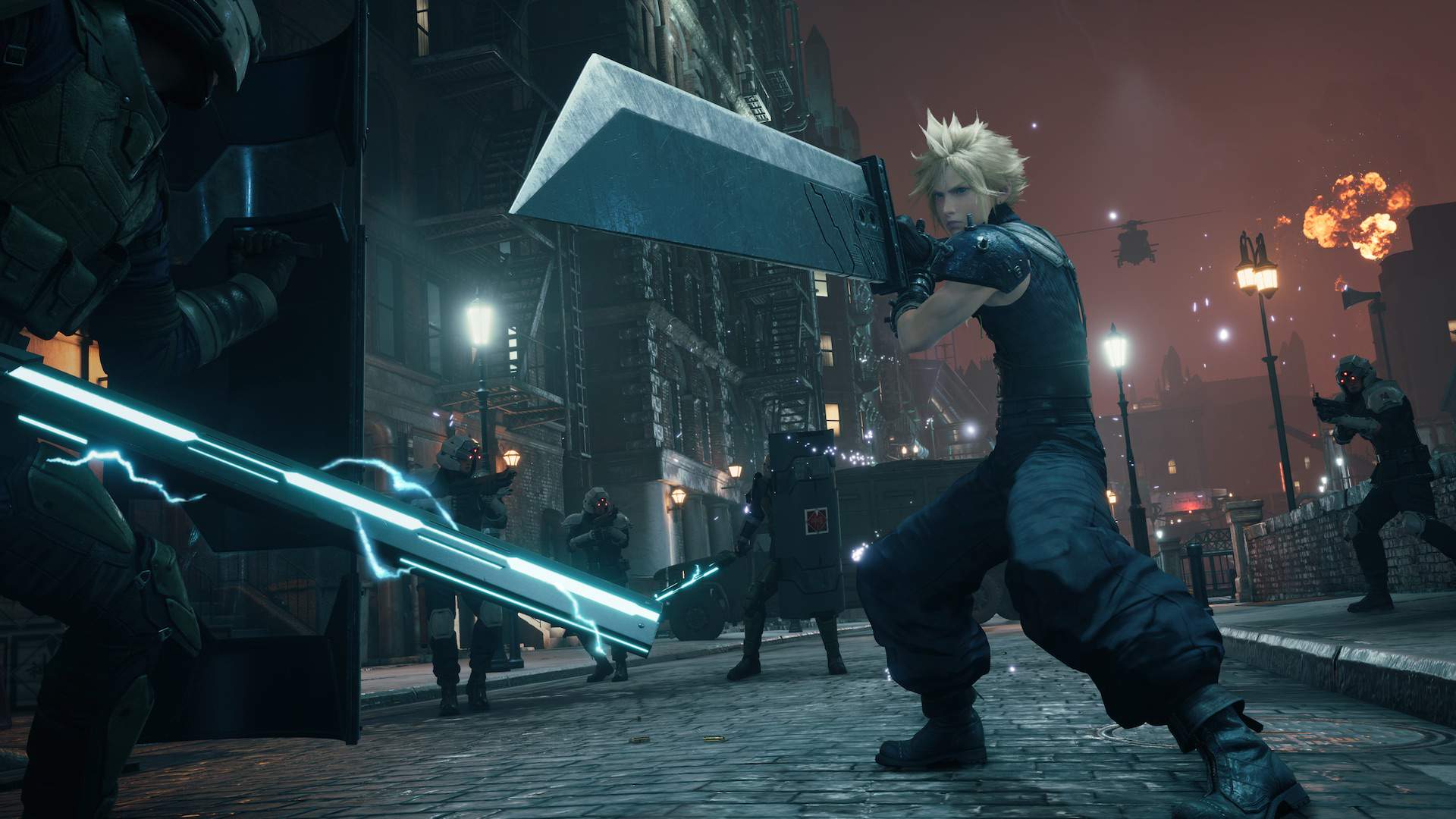 Cloud fighting Shinra in Final Fantasy 7 Remake Intergrade.
