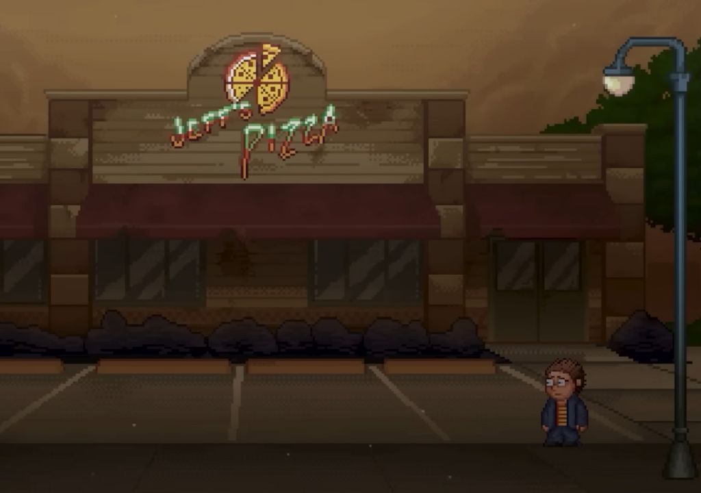 A boy with a Jeff's Pizza in the background from Five Nights at Freddy's by Mega Cat Studios