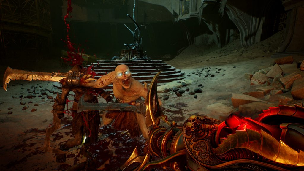 a couple of enemies getting decimated by the painkiller main weapon