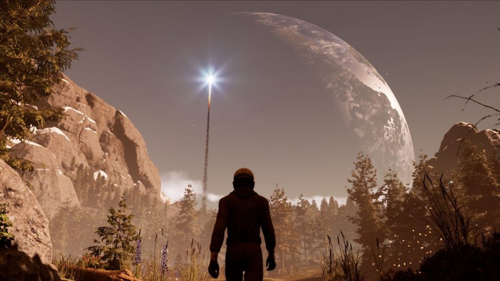 Player looking towards a rocket and another planet.