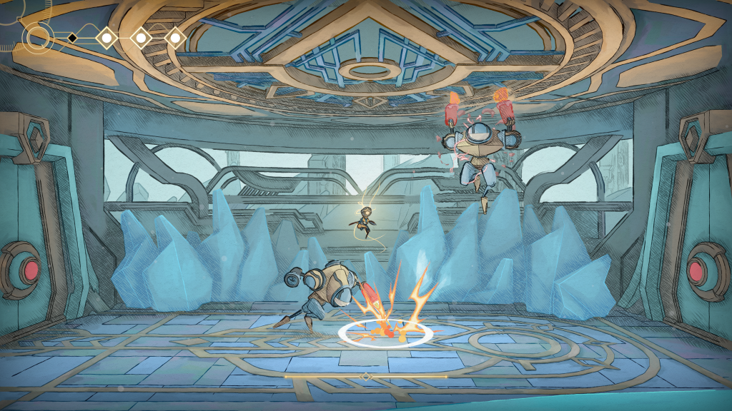 The player fighting two bosses in MIO: Memories in Orbit.
