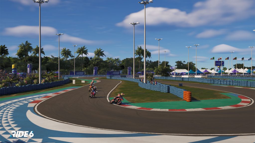 RIDE 6 gameplay of numerous bikes turning a corner.