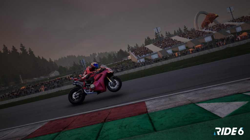 RIDE 6 gameplay of a bike driving down a straight.