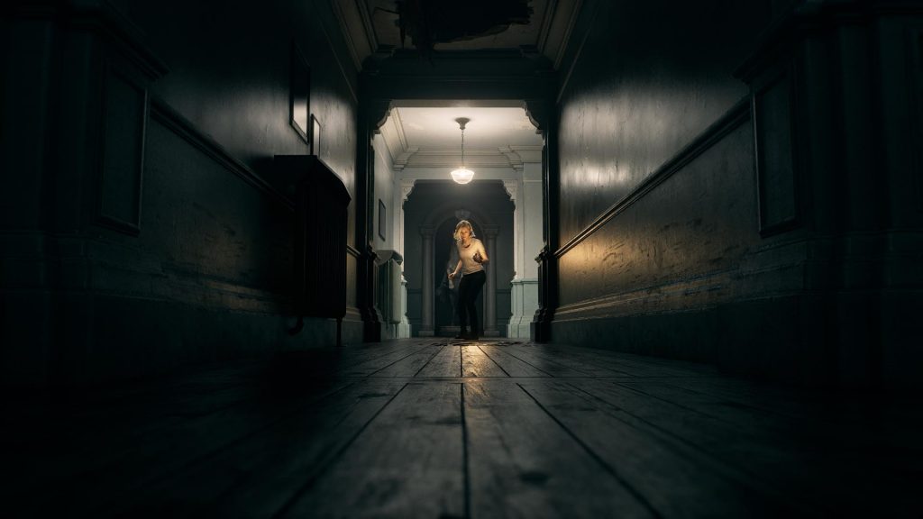Resident Evil: Requiem's Grace sneaking down a hallway.
