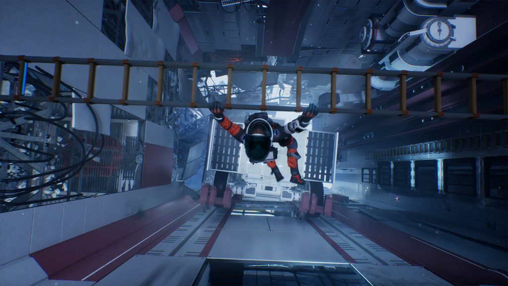 Aphelion character Ariane dangling from a broken ladder.