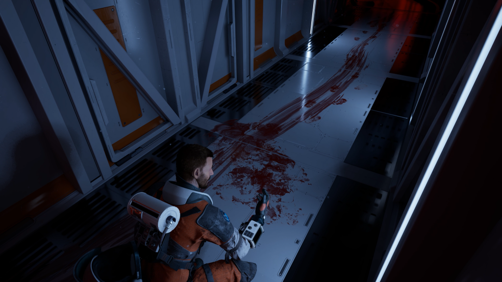 Aphelion character Thomas looking at blood.