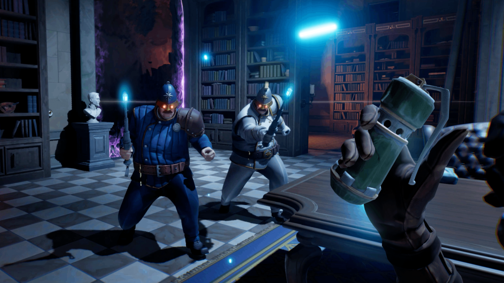 Thick as Thieves gameplay of a player holding a smoke grenade against two guards.