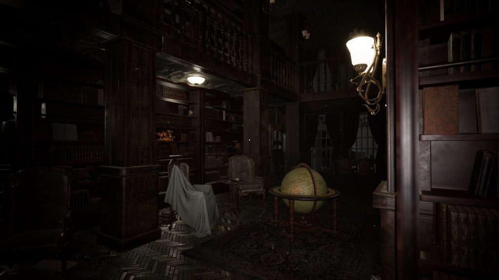 The Last Portrait library with covered furniture.