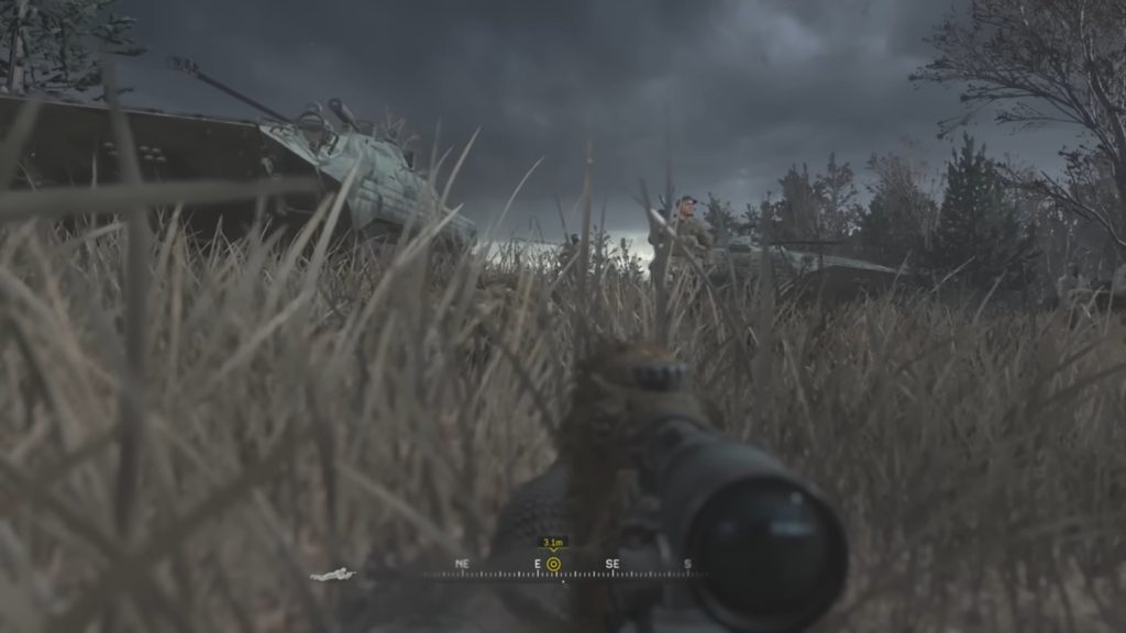The player watches the tanks and soldiers approach.