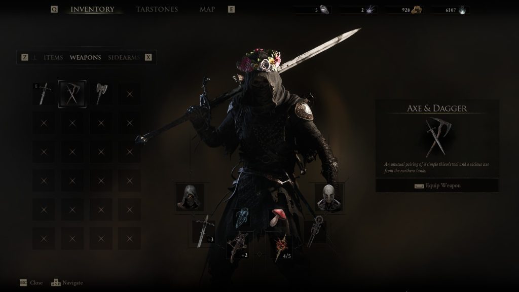 Axe and Dagger in the inventory of Mortal Shell 2
