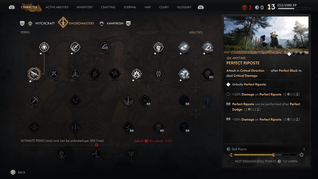 The Blood of Dawnwalker skill tree for perfect riposte.