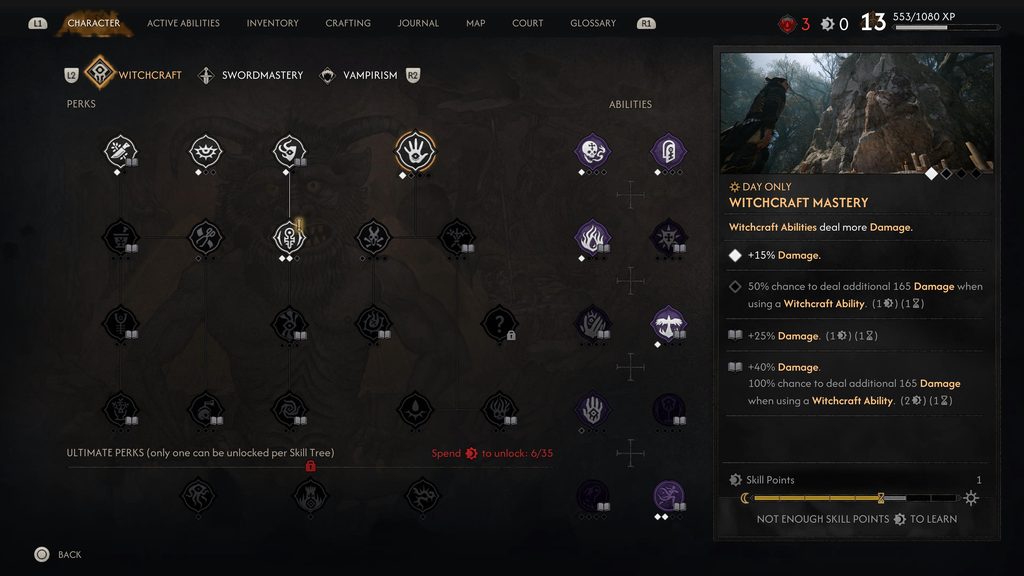 The Blood of Dawnwalker skill tree for witchcraft.