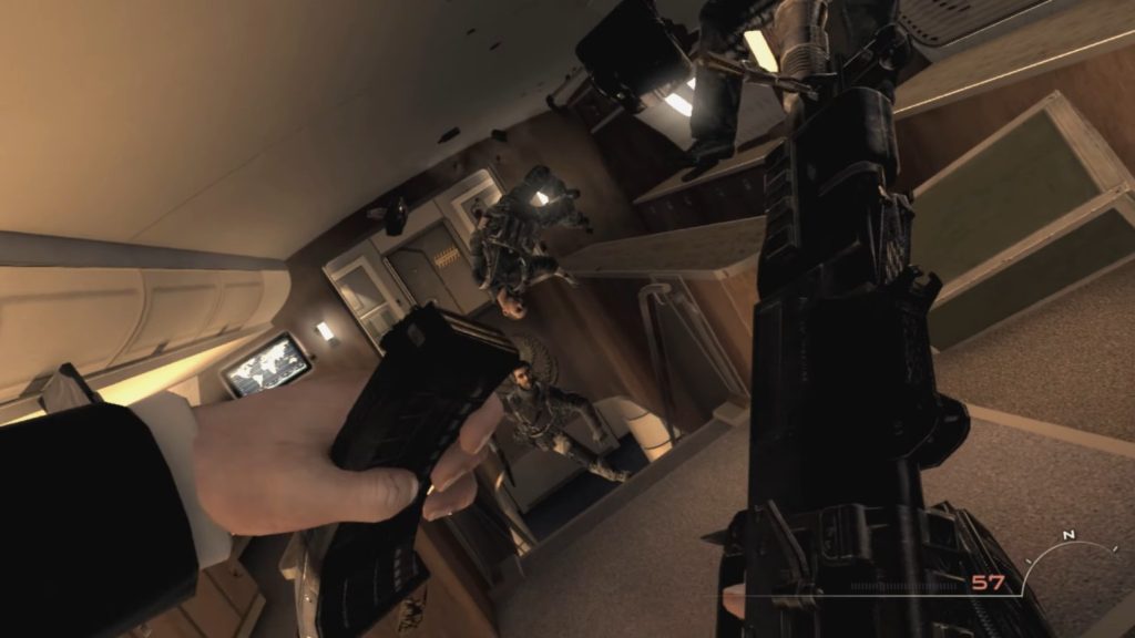 Men in a gunfight suspended in air inside the plane