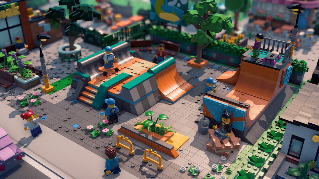 LEGO: Skylines skatepark with civilians.