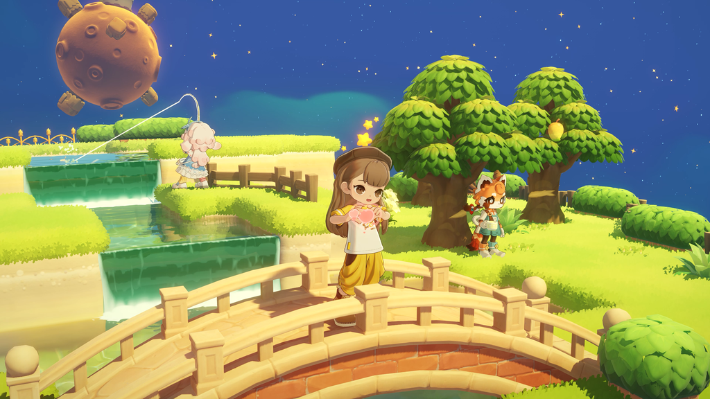 Petit Planet character emoting with NPCs and another player in the background.