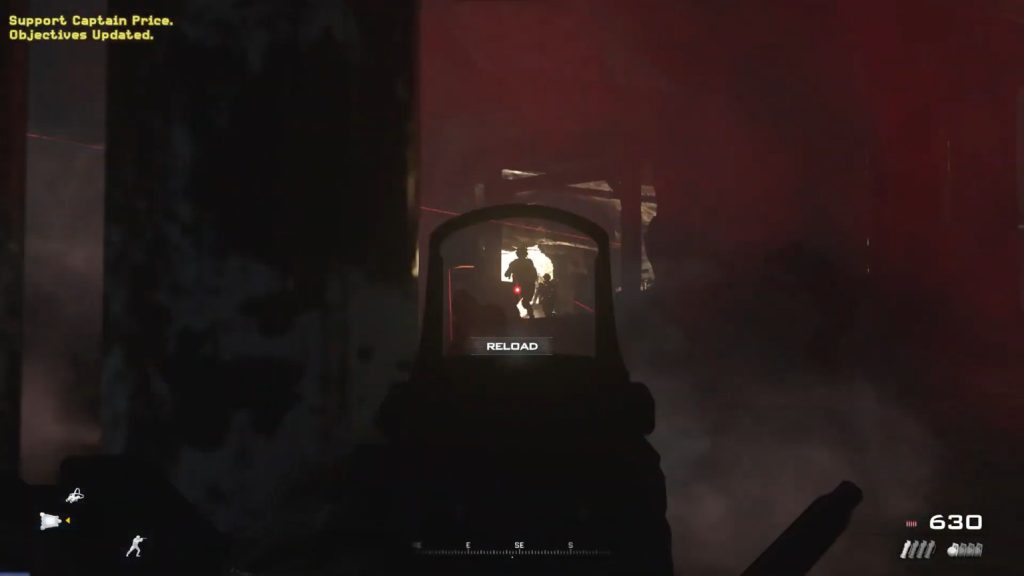 Soap aiming down Shadow Company mercenaries entering inside a cave