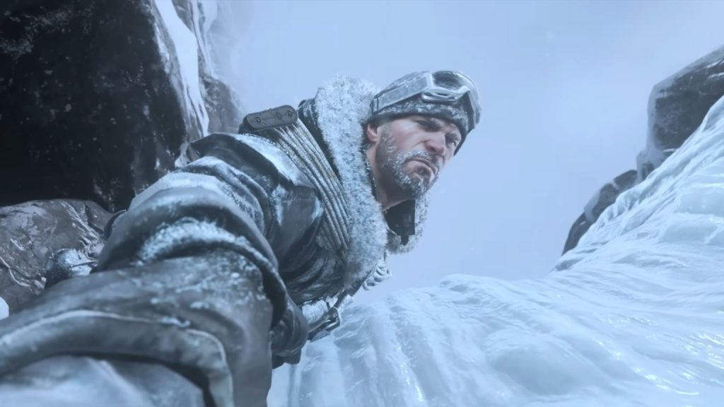 Soap holding Roach as they both hangs from an ice sheet