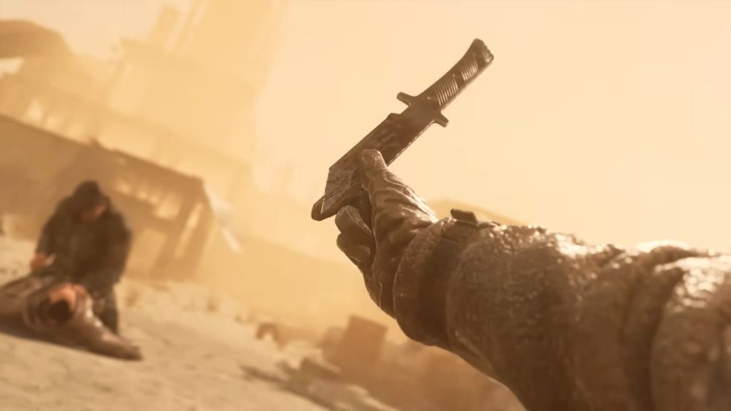 Soap holding a knife and aiming at General Shepherd