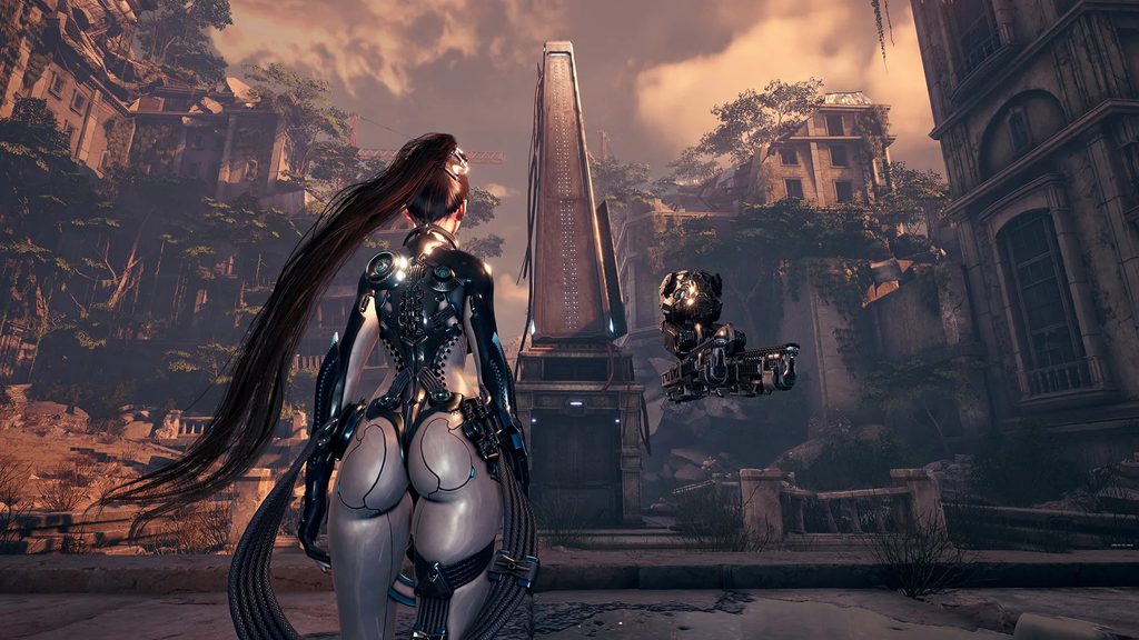 Stellar Blade Eve and Robot looking at a pillar.