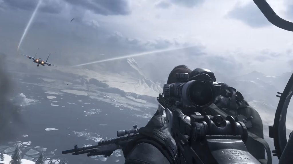 Soap ducks while sitting in a chopper as a fighter jets fly past them