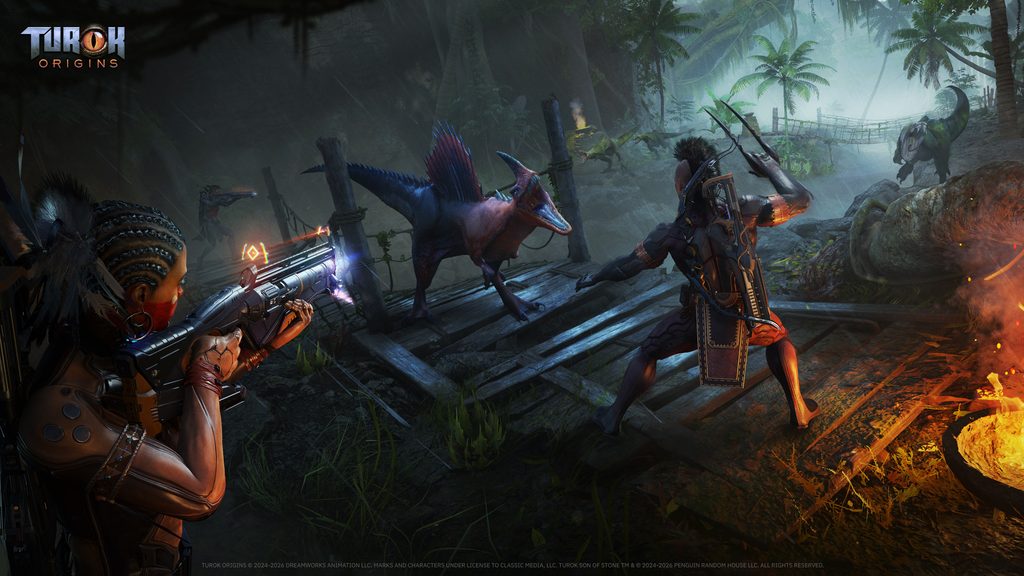 Turok: Origins players fighting a dinosaur.