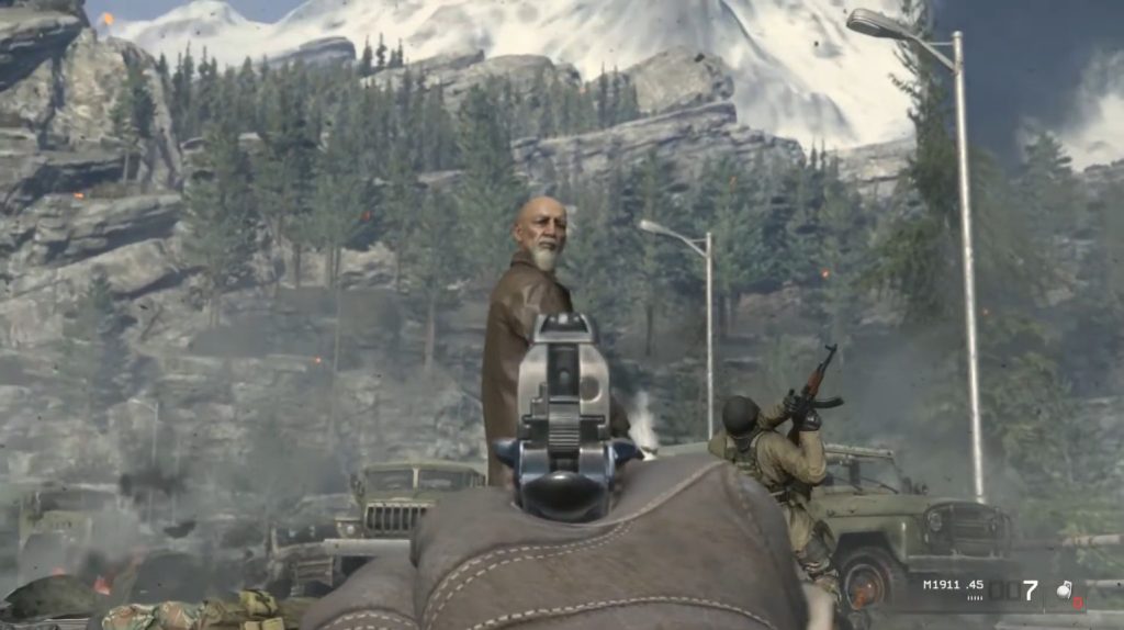 Imran Zakhaev, a major antagonist in the Call of Duty: Modern Warfare games, looks back as Soap points a pistol at him