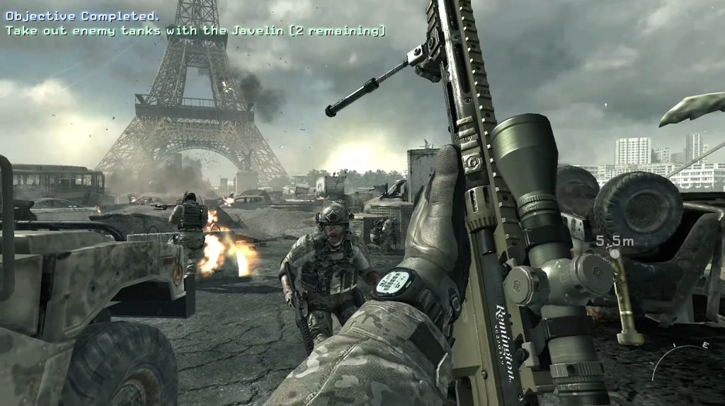 The Eiffel Tower standing between what has become a battlefield