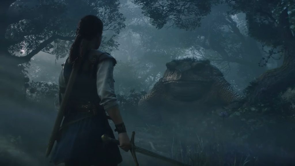 Hero approaching a huge toad sitting in the middle of a forest