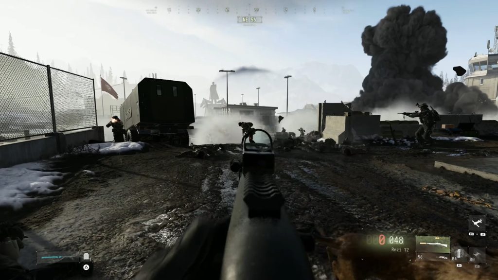 Player aims using a shotgun as one big blast happens in the background