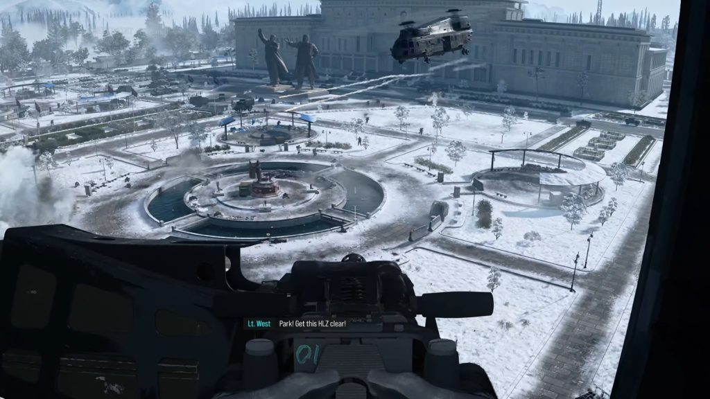 A friendly helo provides fire support as Park rains down hell on the enemies on the ground