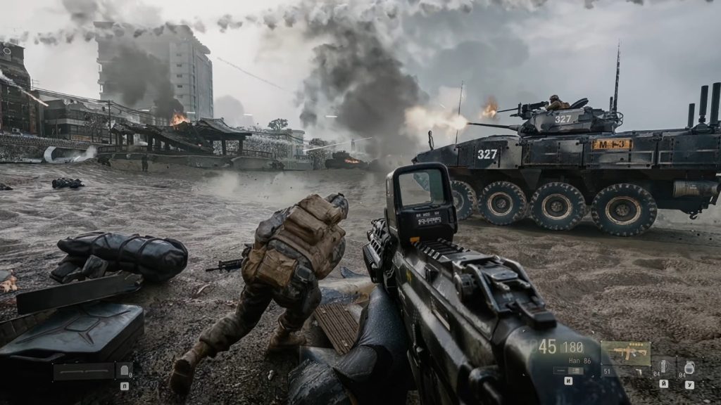 Soldiers avoiding heavy fire on the beach as friendly tanks move ahead in Call of Duty: Modern Warfare 4