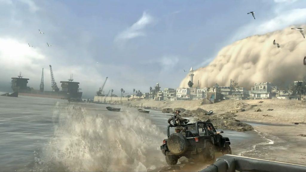 Task Force 141 - Disavowed members moves towards the city from one side and the massive sandstorm is visible moving from the other side.