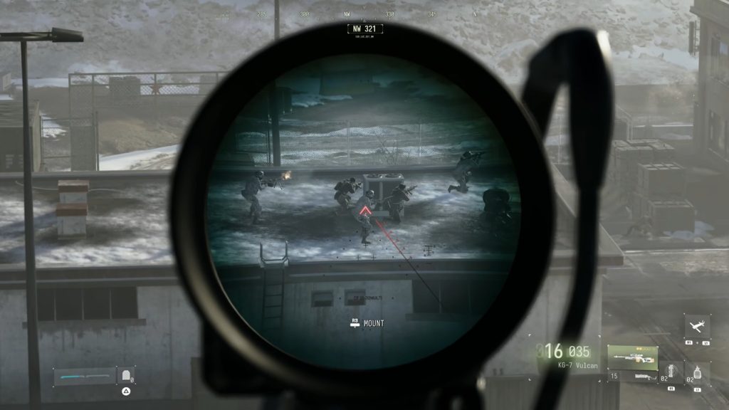Player looks through the sniper scope in Modern Warfare 4 and several enemies are in sight
