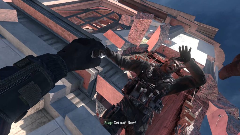 Soap jumps off the tower as the bomb explodes