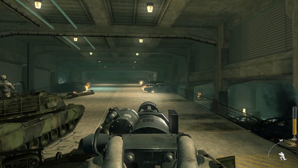 Tanks moving up the drive aisle inside a car parking