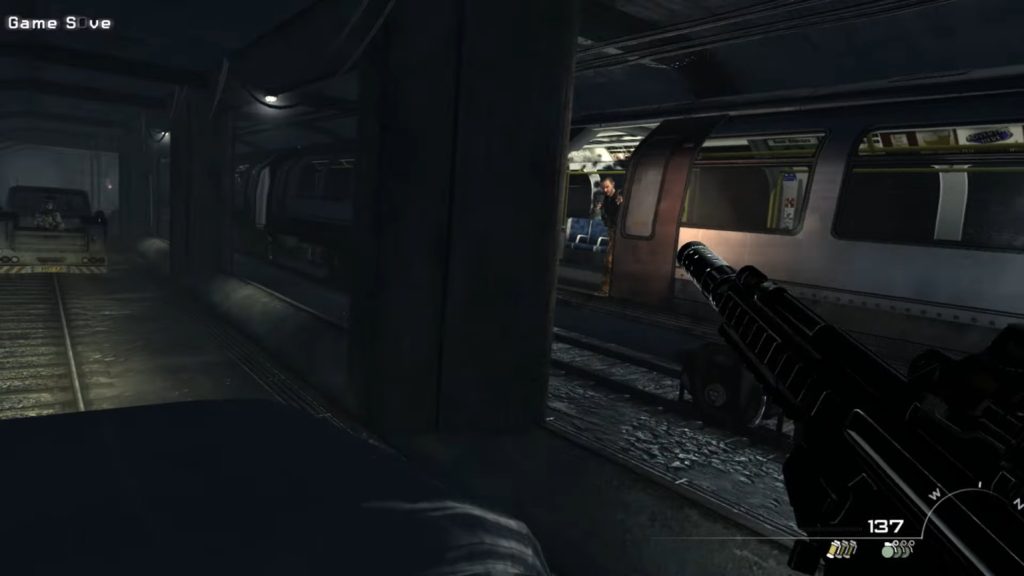 An enemy shoots from behind the train door