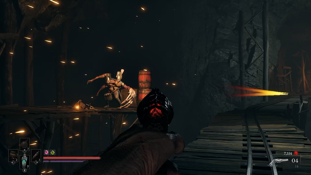 Valor Mortis player shooting a red crate during minecart section.