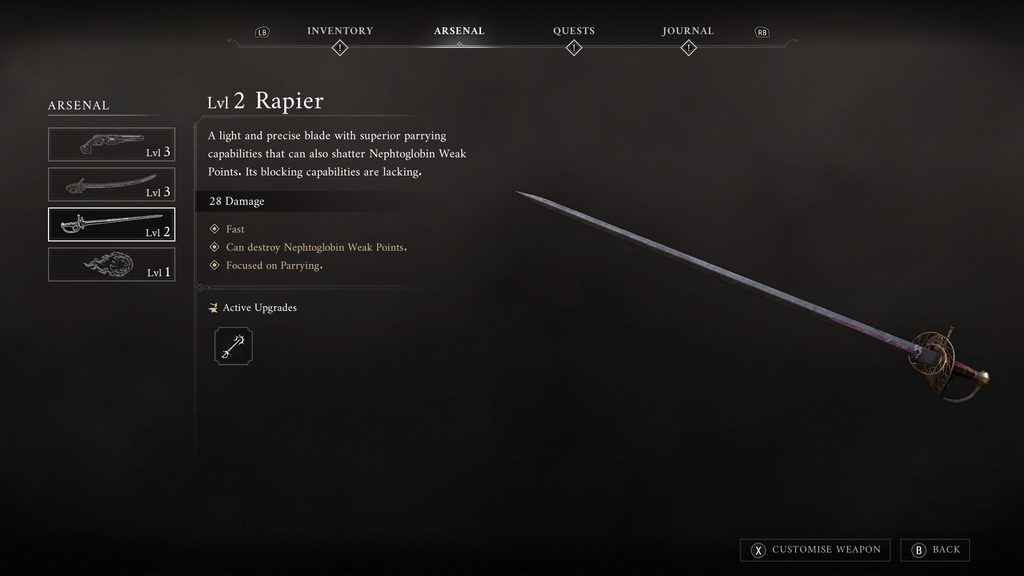 Valor Mortis weapon screen showing a Rapier.