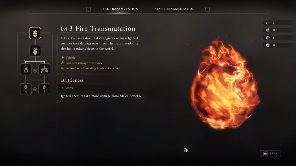 Valor Mortis transmutations upgrade screen.